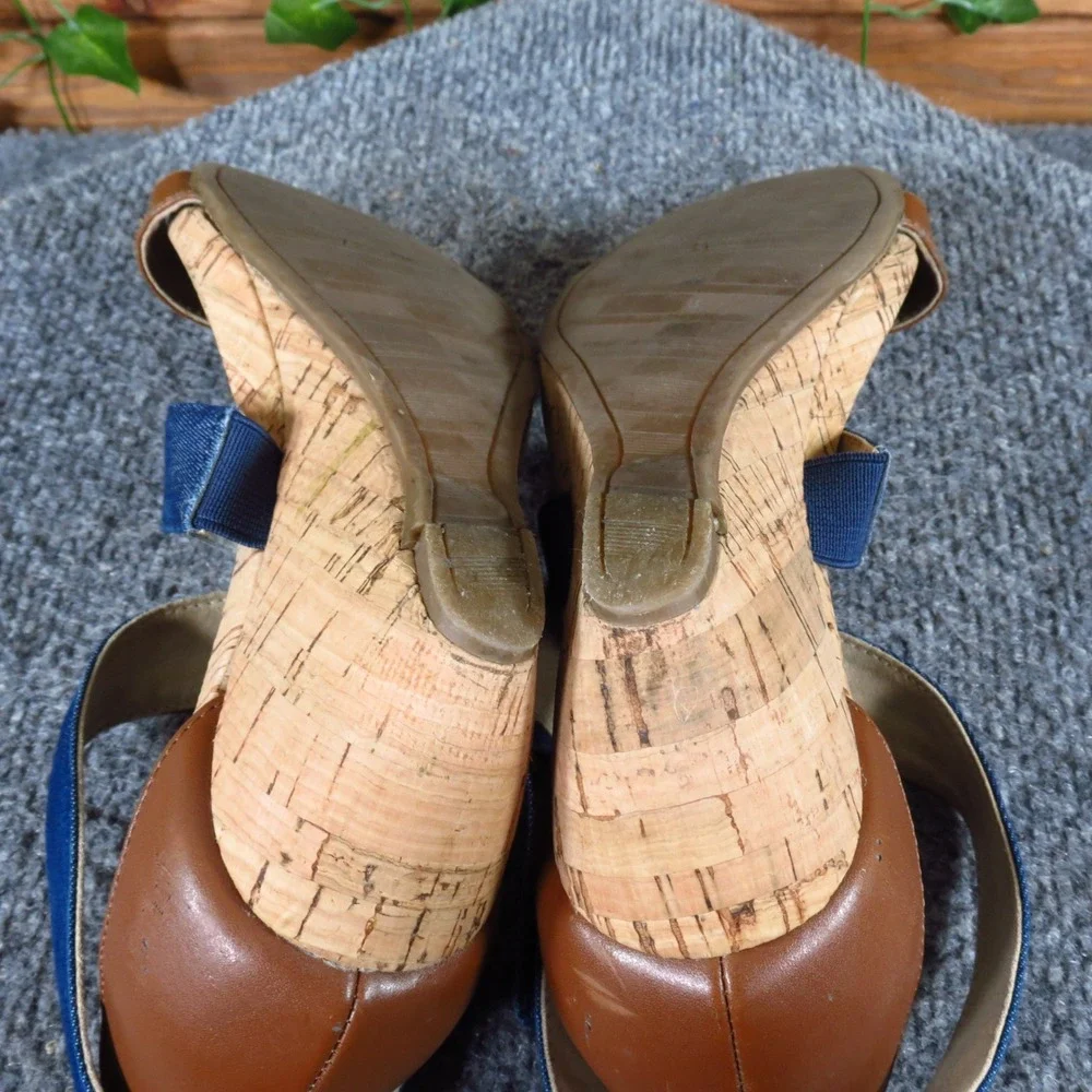Anne Klein AK Sport Women Wedge Sandal 6.5M Summer Blue Denim Brown Cork